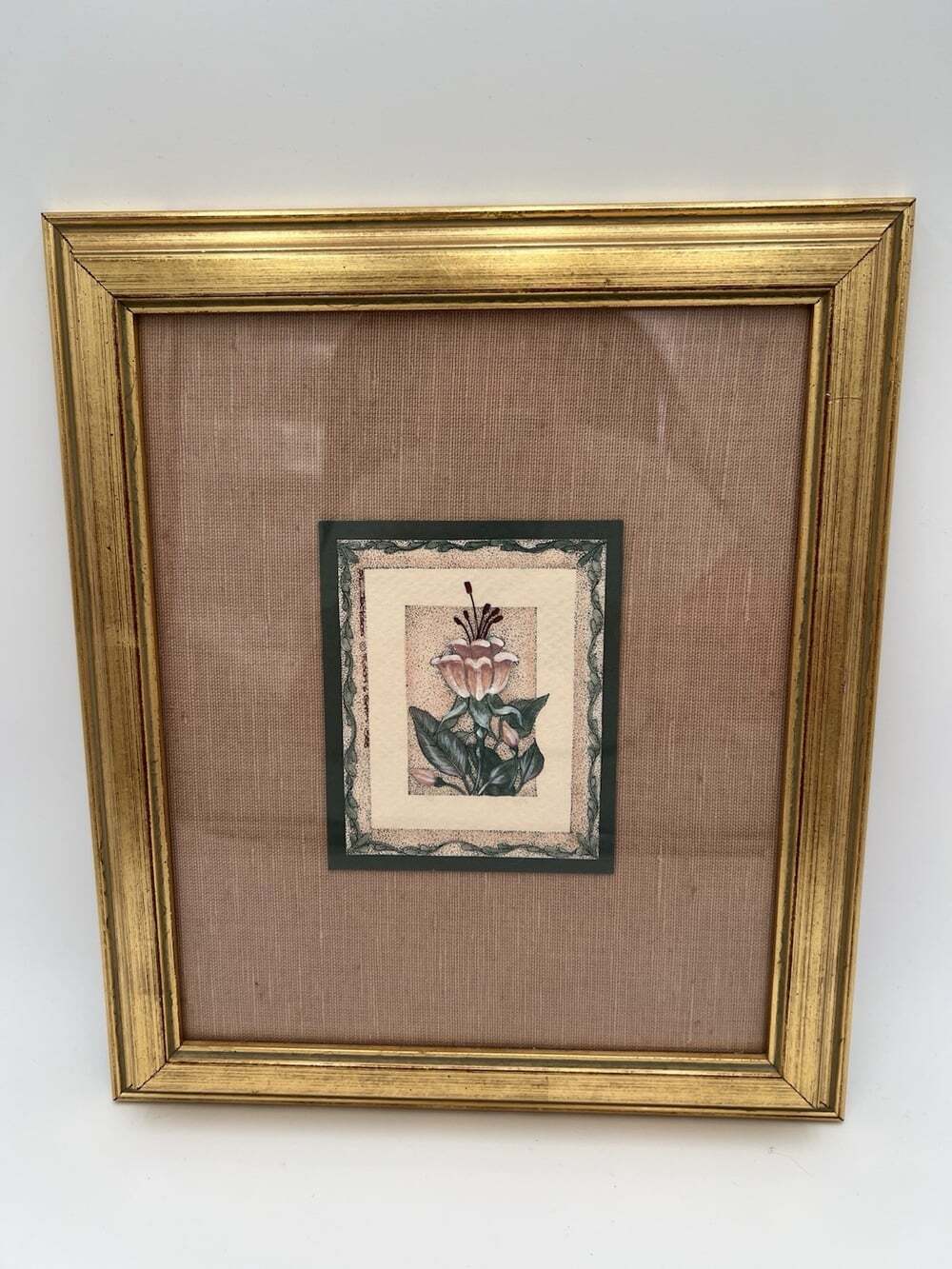 Vintage Norman Harvey Botanical Floral Print Gilt Gold Frame Mauve Fabric Mat